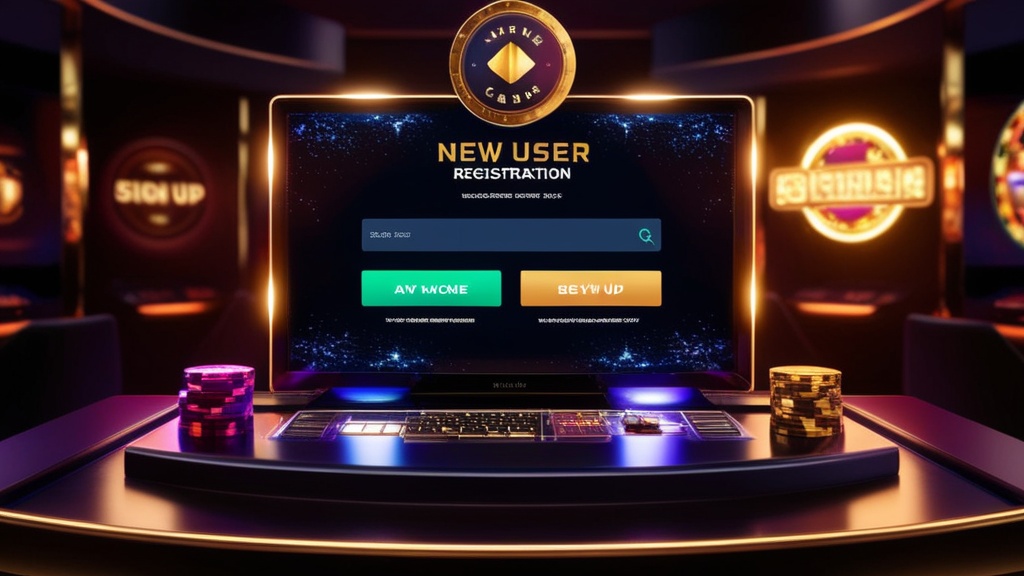 شاشة تسجيل مستخدم جديد مع بونص ترحيبي وأيقونات كازينو متوهجة